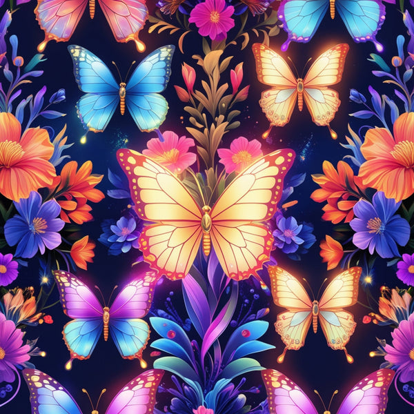 fantasy butterflies, vibrant colors, floral pattern,, fabric panel, purple background, blue butterflies, orange butterflies, pink flowers, tropical blooms, whimsical design, nature motif, botanical elements, colorful wings, garden theme, fantasy art, bright hues, decorative pattern, magical atmosphere, artistic illustration