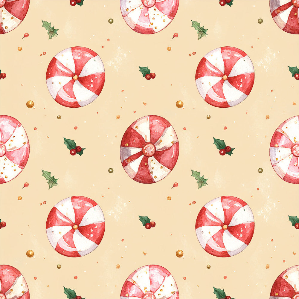 candy cane, peppermint, red and white, cream background, holiday, christmas, festive, winter, peppermint swirl, striped candy, decorative balls, holly leaves, berries, whimsical, playful, cheerful, bright red, off-white, vintage holiday, nostalgic, children's, kids, sweet treats, candy theme, classic christmas, traditional holiday, seasonal, festive decor