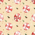 candy cane, peppermint, red and white, cream background, holiday, christmas, festive, winter, peppermint swirl, striped candy, decorative balls, holly leaves, berries, whimsical, playful, cheerful, bright red, off-white, vintage holiday, nostalgic, children's, kids, sweet treats, candy theme, classic christmas, traditional holiday, seasonal, festive decor
