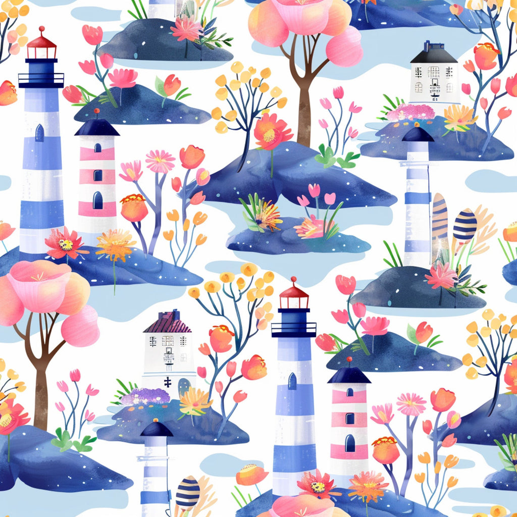 watercolor whales, lighthouse pattern, spring florals, navy blue, coral pink,, fabric panel, ocean scene, blooming flowers, pastel colors, marine animals, coastal theme, repeating pattern, botanical elements, sea creatures, striped lighthouse, floral blooms, springtime motifs, aquatic design, soft pastels