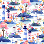 watercolor whales, lighthouse pattern, spring florals, navy blue, coral pink,, fabric panel, ocean scene, blooming flowers, pastel colors, marine animals, coastal theme, repeating pattern, botanical elements, sea creatures, striped lighthouse, floral blooms, springtime motifs, aquatic design, soft pastels
