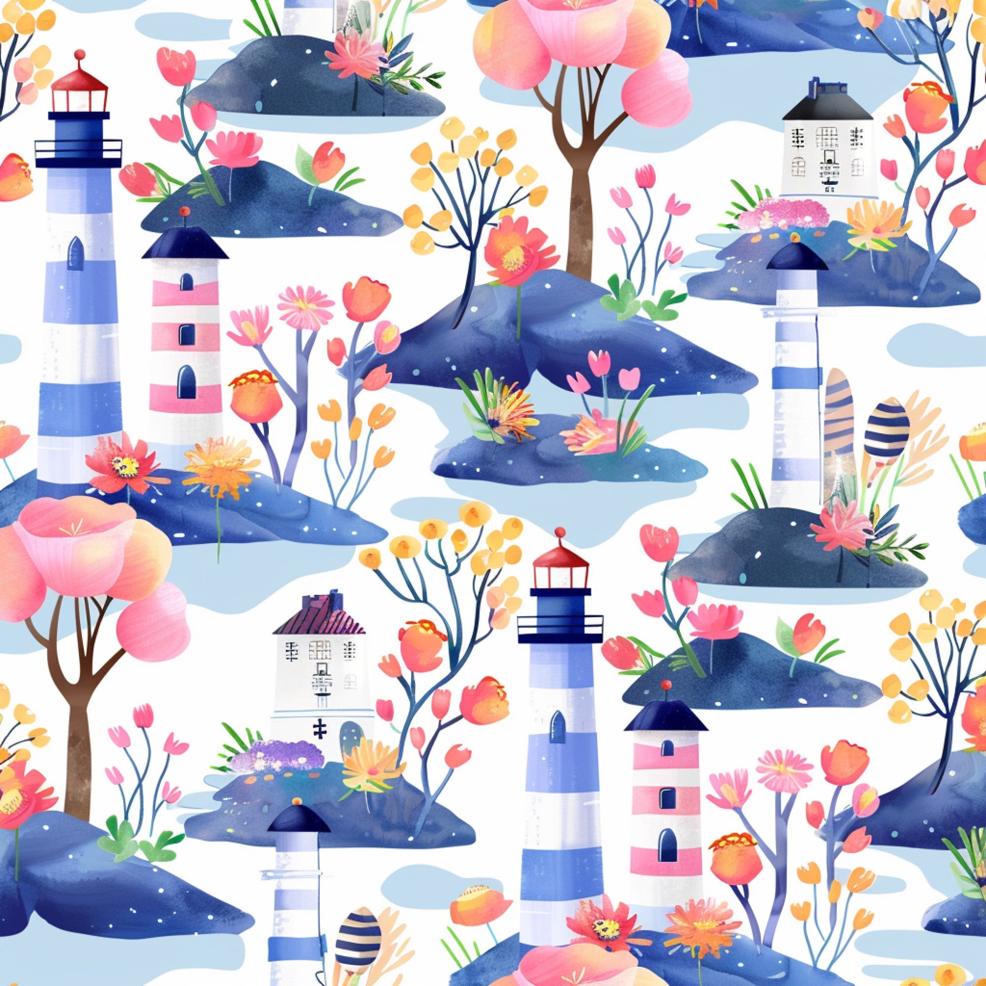 watercolor whales, lighthouse pattern, spring florals, navy blue, coral pink,, fabric panel, ocean scene, blooming flowers, pastel colors, marine animals, coastal theme, repeating pattern, botanical elements, sea creatures, striped lighthouse, floral blooms, springtime motifs, aquatic design, soft pastels
