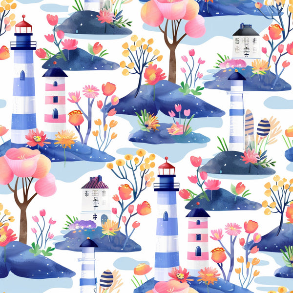 watercolor whales, lighthouse pattern, spring florals, navy blue, coral pink,, fabric panel, ocean scene, blooming flowers, pastel colors, marine animals, coastal theme, repeating pattern, botanical elements, sea creatures, striped lighthouse, floral blooms, springtime motifs, aquatic design, soft pastels