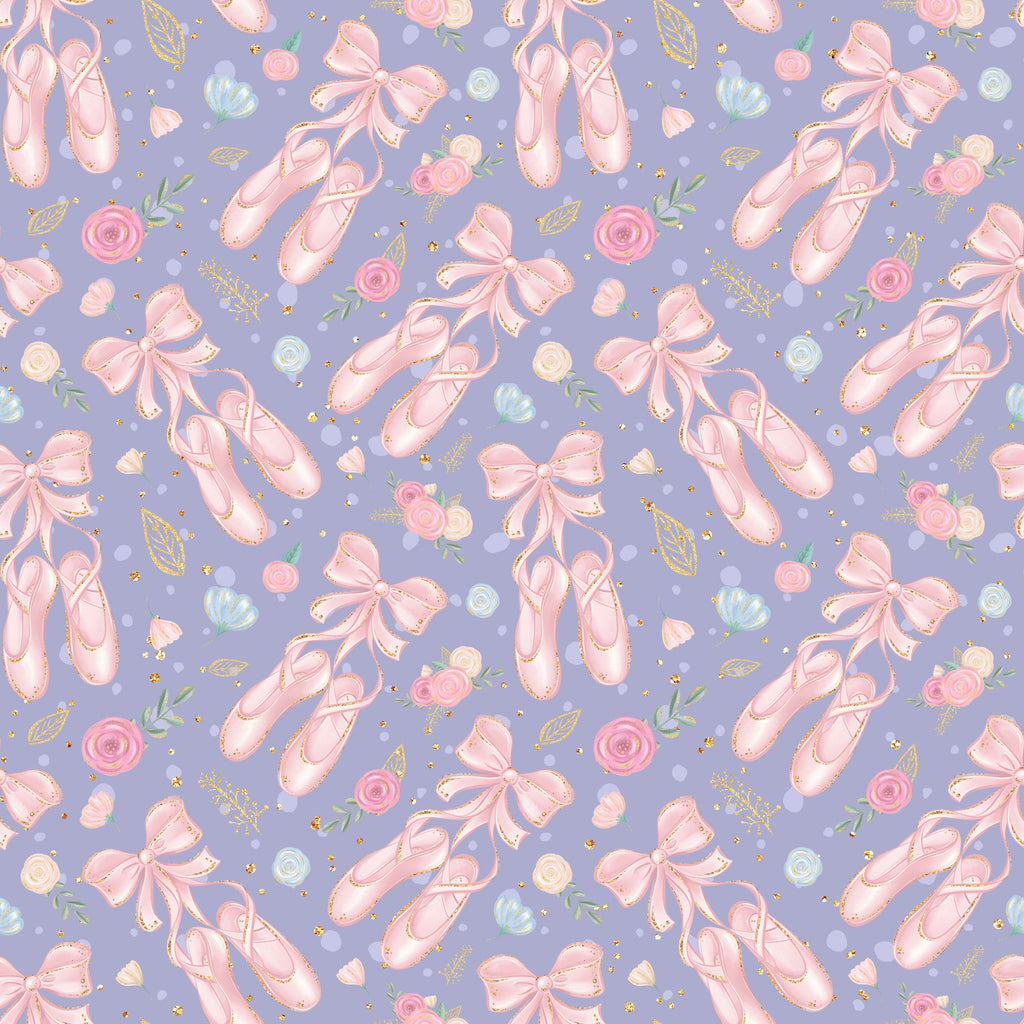 lavender purple, soft pink, ballet slippers, pointe shoes, floral roses, ribbon bows, gold accents, ballerina theme, dance motifs, feminine pattern,, repeating design, whimsical style, delicate flowers, scattered elements, pastel colors, romantic mood, fabric panel, craft material, sweet aesthetic