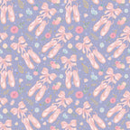 lavender purple, soft pink, ballet slippers, pointe shoes, floral roses, ribbon bows, gold accents, ballerina theme, dance motifs, feminine pattern,, repeating design, whimsical style, delicate flowers, scattered elements, pastel colors, romantic mood, fabric panel, craft material, sweet aesthetic