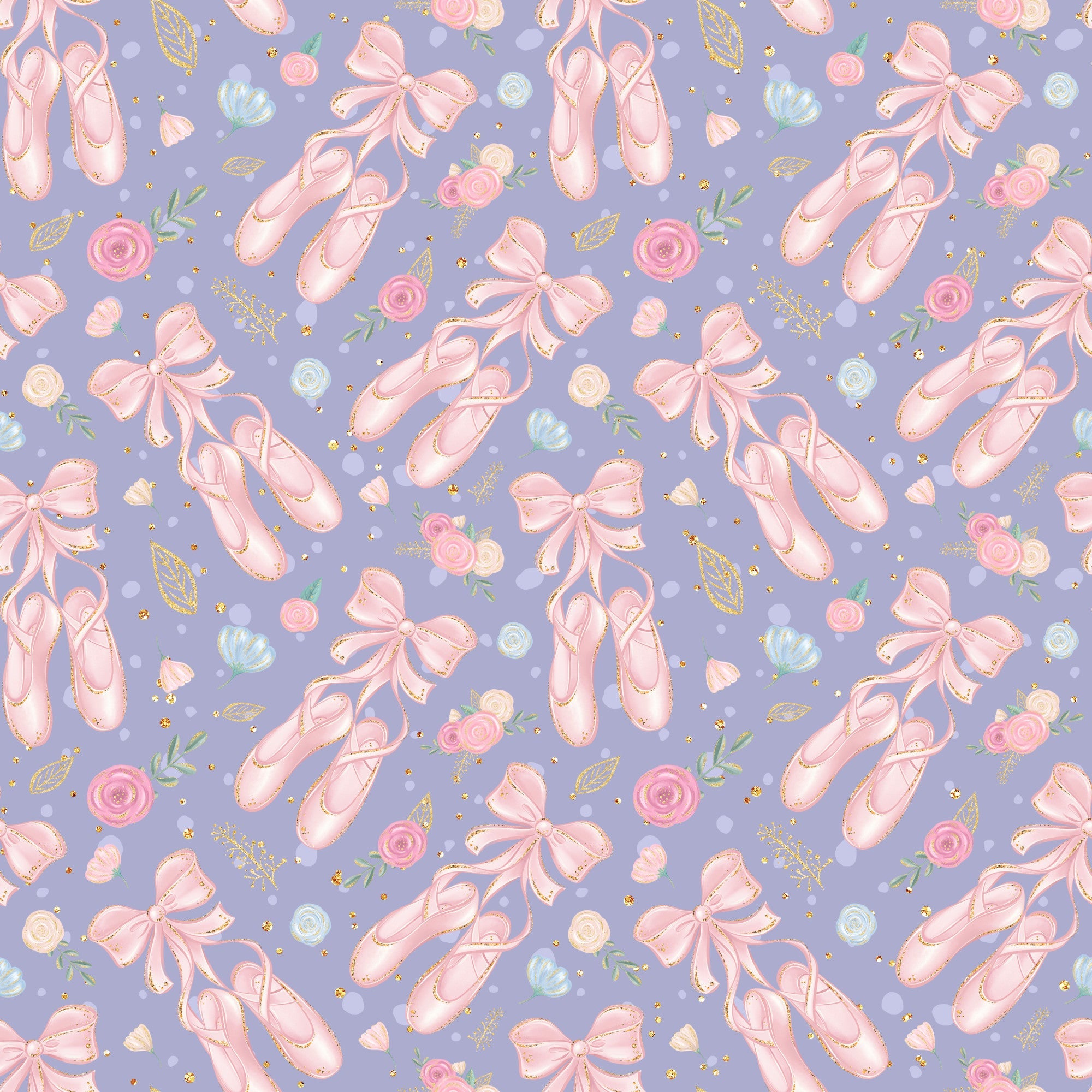 lavender purple, soft pink, ballet slippers, pointe shoes, floral roses, ribbon bows, gold accents, ballerina theme, dance motifs, feminine pattern,, repeating design, whimsical style, delicate flowers, scattered elements, pastel colors, romantic mood, fabric panel, craft material, sweet aesthetic
