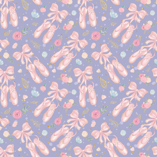 lavender purple, soft pink, ballet slippers, pointe shoes, floral roses, ribbon bows, gold accents, ballerina theme, dance motifs, feminine pattern,, repeating design, whimsical style, delicate flowers, scattered elements, pastel colors, romantic mood, fabric panel, craft material, sweet aesthetic
