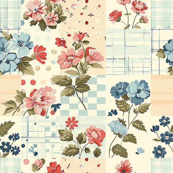 cottagecore,, fabric panel, floral motifs, pink flowers, blue flowers, coral blooms, sage green leaves, cream background, gingham checks, plaid patterns, botanical design, vintage style, patchwork blocks, geometric squares, scattered dots, romantic florals, soft pastels, country aesthetic, quilting material