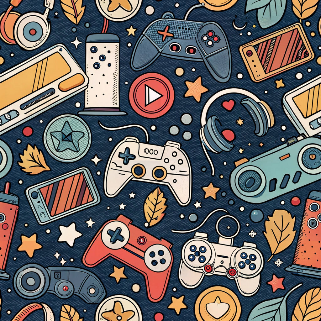 gaming controllers, video game controllers, retro gaming, navy blue background, coral red, orange yellow, teal green, cream beige, handheld controllers, gaming consoles, play buttons, star shapes, autumn leaves, scattered dots, nostalgic gaming,, fabric panel, gaming theme, controller pattern, vintage gaming