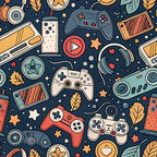 gaming controllers, video game controllers, retro gaming, navy blue background, coral red, orange yellow, teal green, cream beige, handheld controllers, gaming consoles, play buttons, star shapes, autumn leaves, scattered dots, nostalgic gaming,, fabric panel, gaming theme, controller pattern, vintage gaming