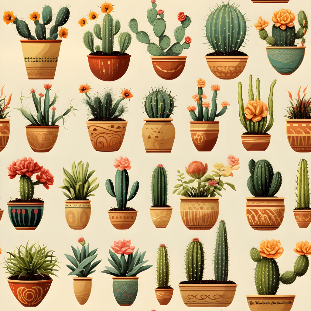 retro cactus,, fabric panel, terra cotta, orange flowers, green succulents, decorative pots, southwestern style, desert plants, vintage illustration, botanical design, earthy tones, beige background, prickly pear, barrel cactus, potted plants, coral blooms, rustic pottery, boho style, repetitive pattern