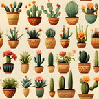 retro cactus,, fabric panel, terra cotta, orange flowers, green succulents, decorative pots, southwestern style, desert plants, vintage illustration, botanical design, earthy tones, beige background, prickly pear, barrel cactus, potted plants, coral blooms, rustic pottery, boho style, repetitive pattern