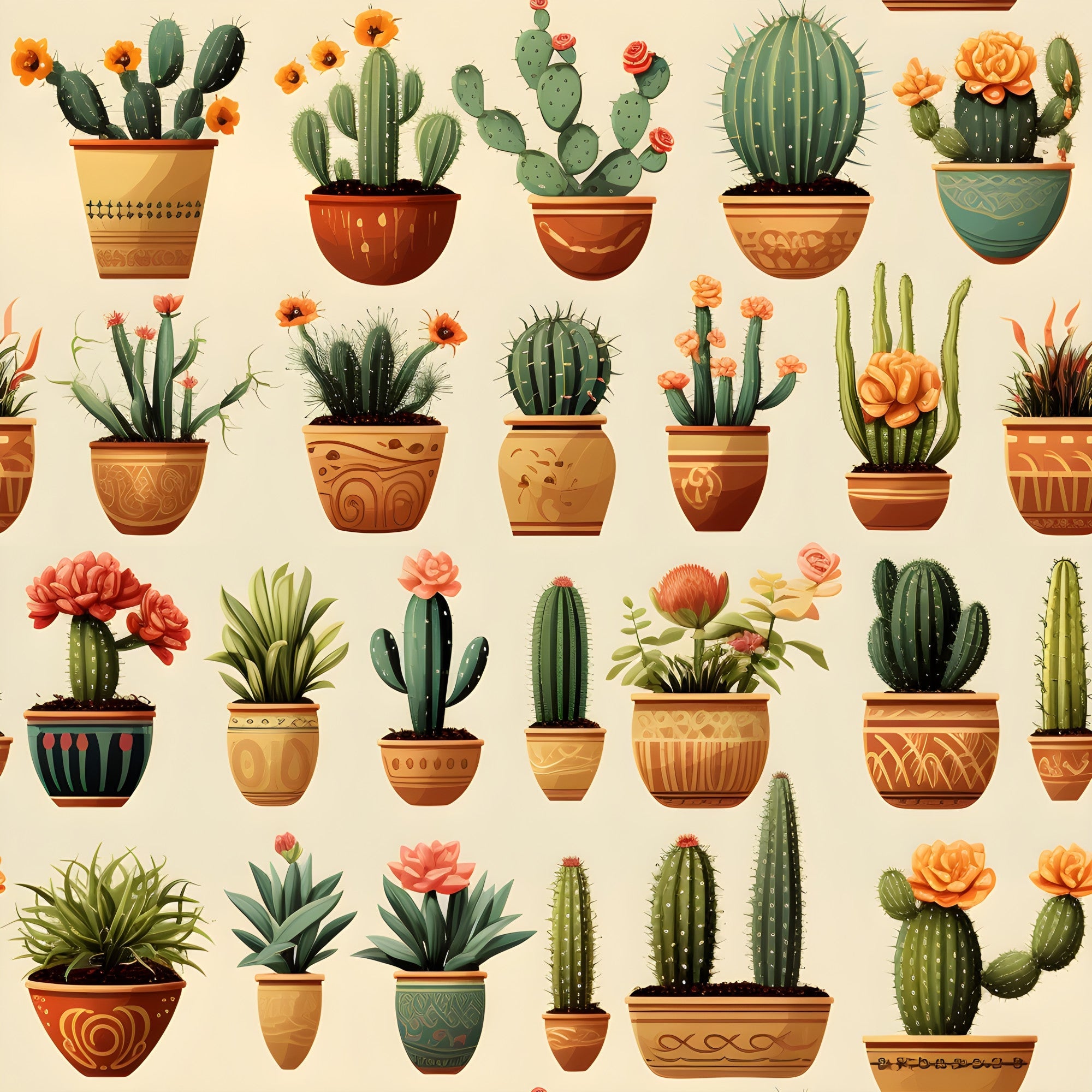 retro cactus,, fabric panel, terra cotta, orange flowers, green succulents, decorative pots, southwestern style, desert plants, vintage illustration, botanical design, earthy tones, beige background, prickly pear, barrel cactus, potted plants, coral blooms, rustic pottery, boho style, repetitive pattern