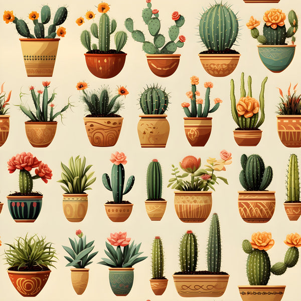 retro cactus,, fabric panel, terra cotta, orange flowers, green succulents, decorative pots, southwestern style, desert plants, vintage illustration, botanical design, earthy tones, beige background, prickly pear, barrel cactus, potted plants, coral blooms, rustic pottery, boho style, repetitive pattern