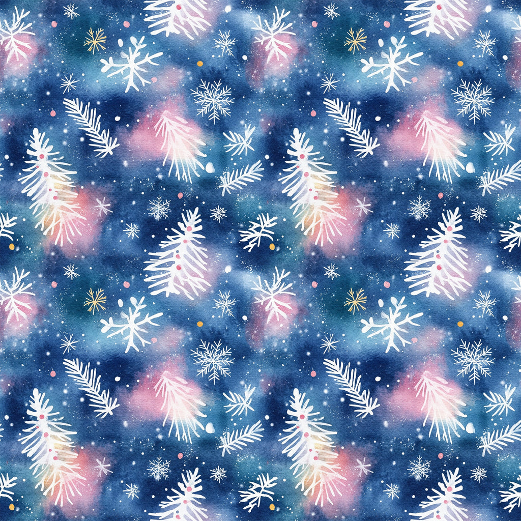 navy blue, pink, white, gold, watercolor style, christmas trees, snowflakes, pine branches, winter pattern, repeating design,, fabric panel, holiday theme, festive motifs, botanical elements, scattered placement, soft blending, seasonal fabric, crafting material, winter wonderland