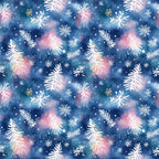 navy blue, pink, white, gold, watercolor style, christmas trees, snowflakes, pine branches, winter pattern, repeating design,, fabric panel, holiday theme, festive motifs, botanical elements, scattered placement, soft blending, seasonal fabric, crafting material, winter wonderland