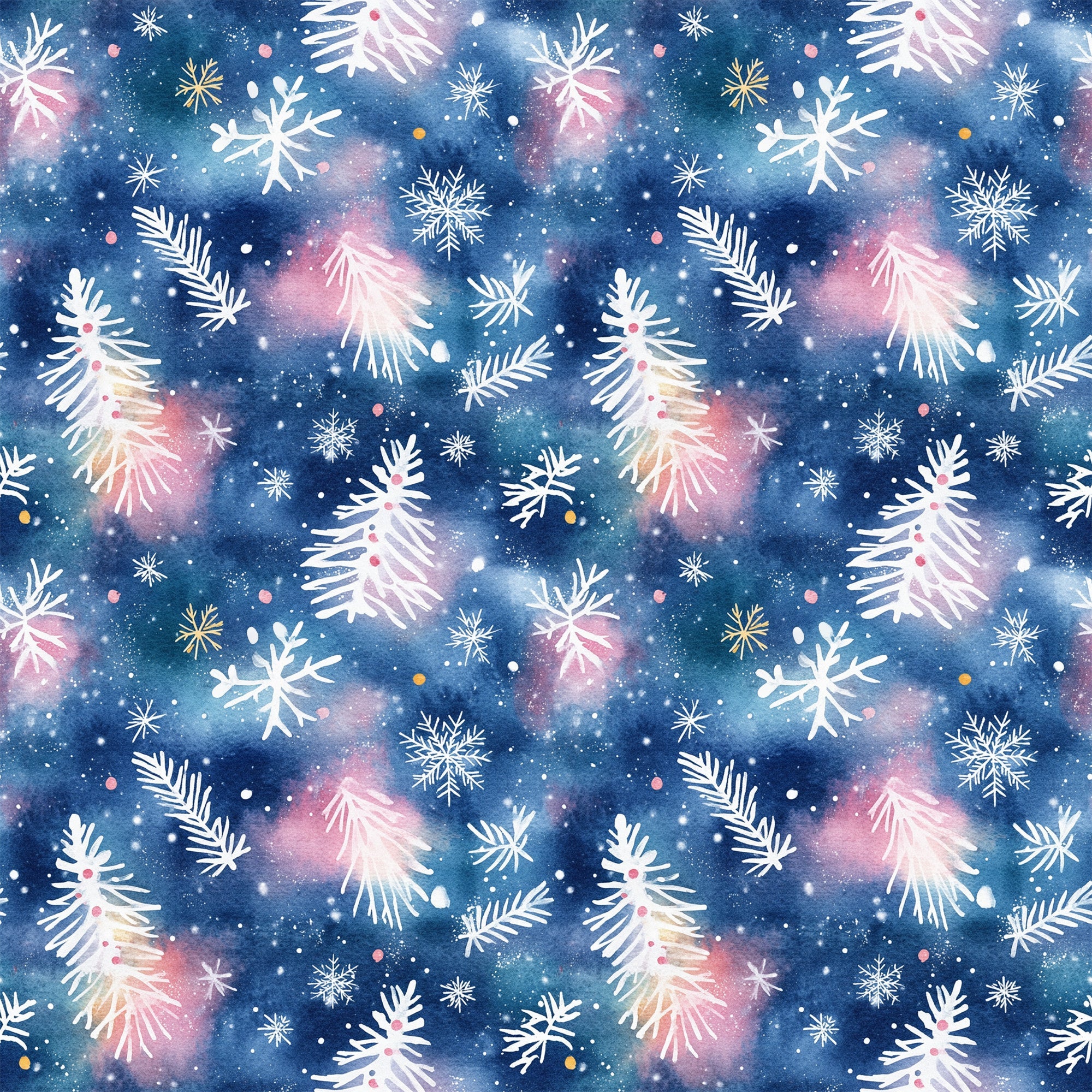 navy blue, pink, white, gold, watercolor style, christmas trees, snowflakes, pine branches, winter pattern, repeating design,, fabric panel, holiday theme, festive motifs, botanical elements, scattered placement, soft blending, seasonal fabric, crafting material, winter wonderland