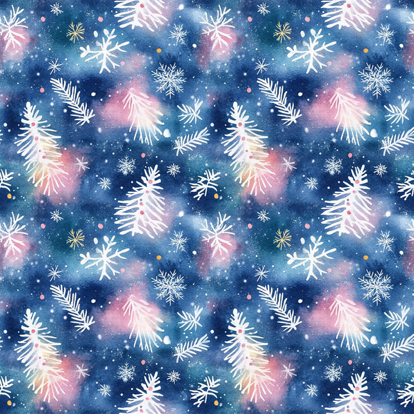 navy blue, pink, white, gold, watercolor style, christmas trees, snowflakes, pine branches, winter pattern, repeating design,, fabric panel, holiday theme, festive motifs, botanical elements, scattered placement, soft blending, seasonal fabric, crafting material, winter wonderland