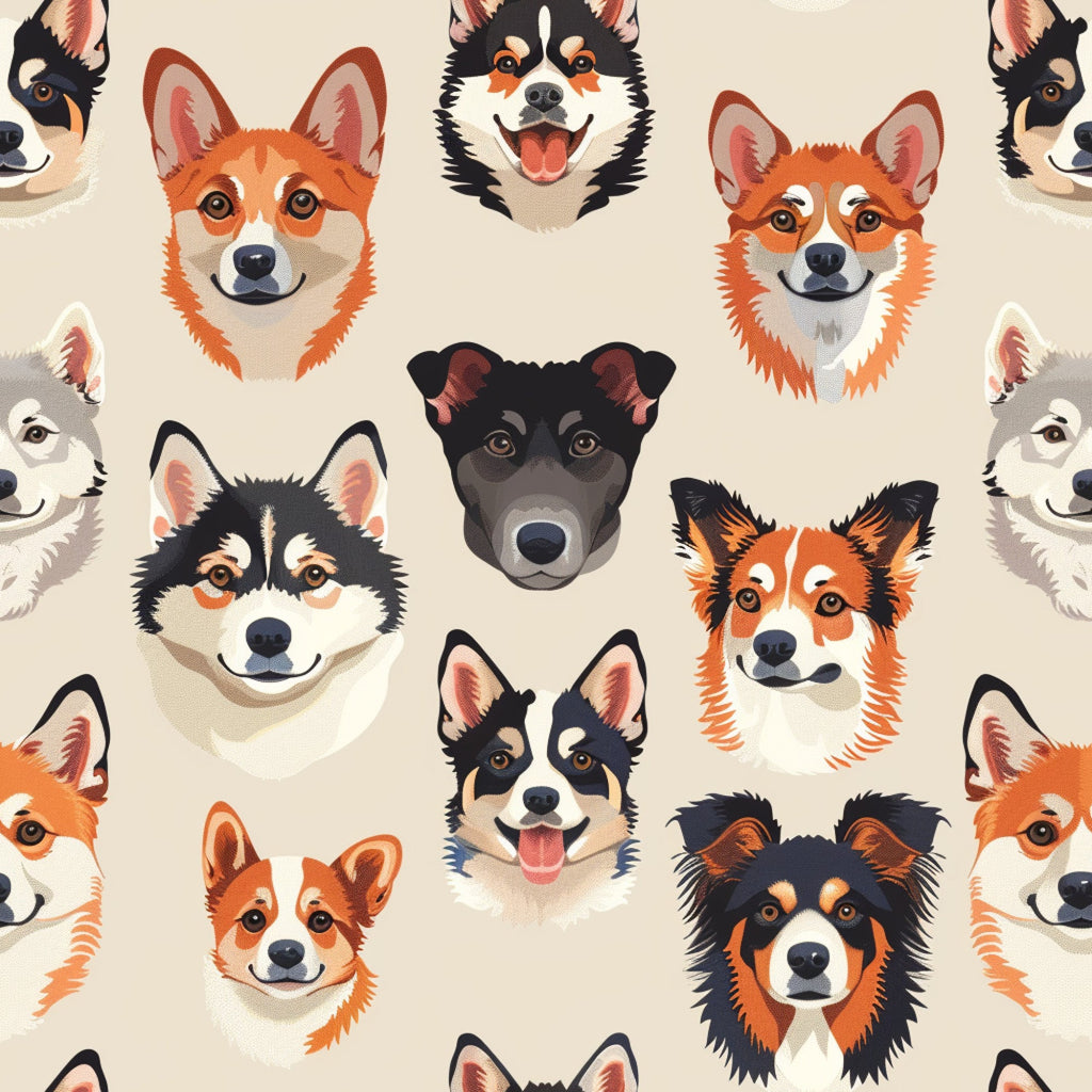 dog faces, puppy portraits, animal heads, orange, black, white, tan, brown, beige background, repeating pattern, cute dogs, smiling dogs, pet illustration,, fabric panel, playful mood, cartoon style, multiple breeds, dog lover, crafting material