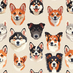 dog faces, puppy portraits, animal heads, orange, black, white, tan, brown, beige background, repeating pattern, cute dogs, smiling dogs, pet illustration,, fabric panel, playful mood, cartoon style, multiple breeds, dog lover, crafting material