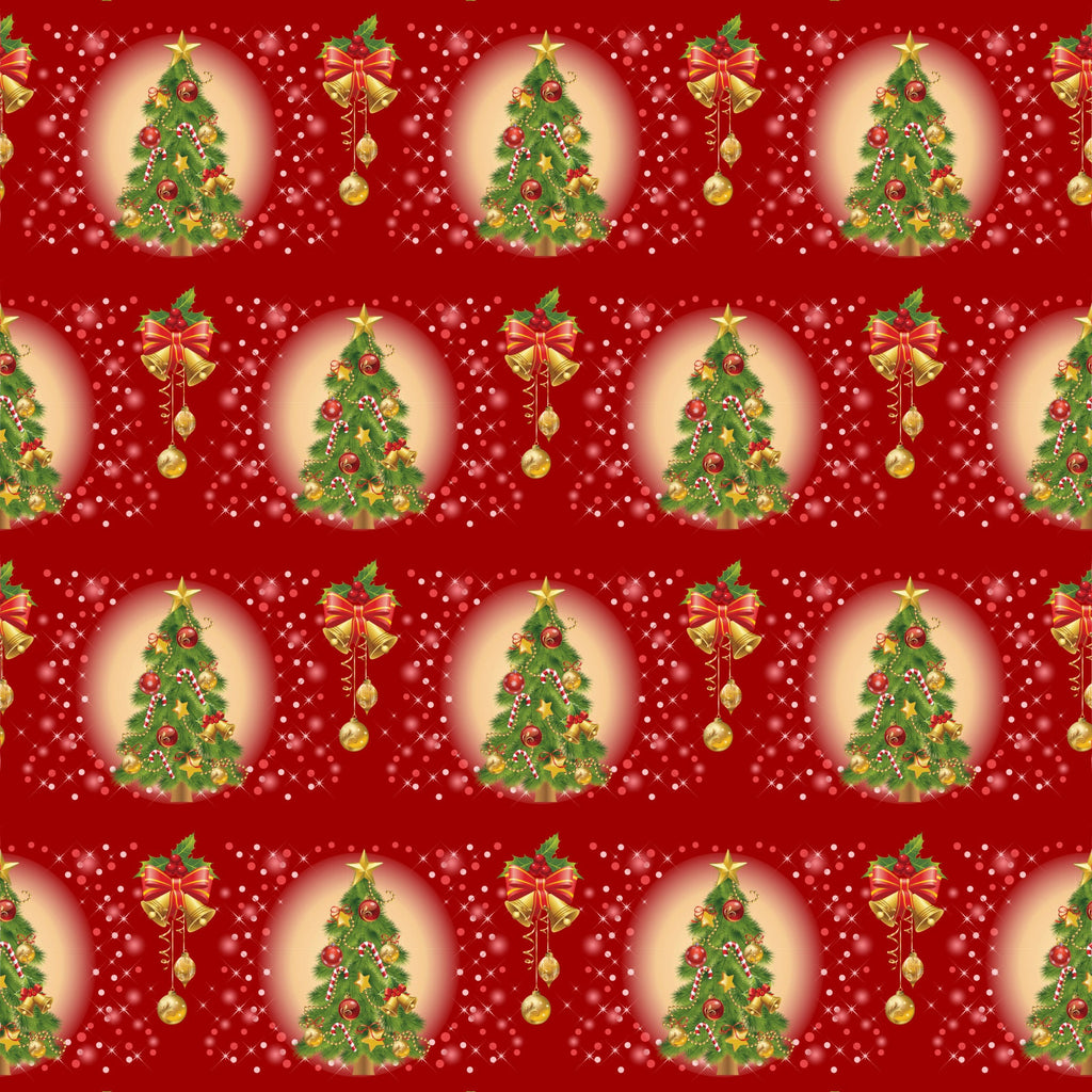 red background, christmas trees, golden bells, ornament decorations, candy canes,, fabric panel, holiday pattern, festive design, green pine trees, gold accents, christmas ornaments, repeating motifs, seasonal fabric, bright red, forest green, metallic gold, holiday crafting, christmas quilting, winter theme
