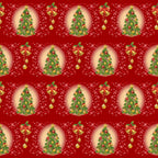 red background, christmas trees, golden bells, ornament decorations, candy canes,, fabric panel, holiday pattern, festive design, green pine trees, gold accents, christmas ornaments, repeating motifs, seasonal fabric, bright red, forest green, metallic gold, holiday crafting, christmas quilting, winter theme