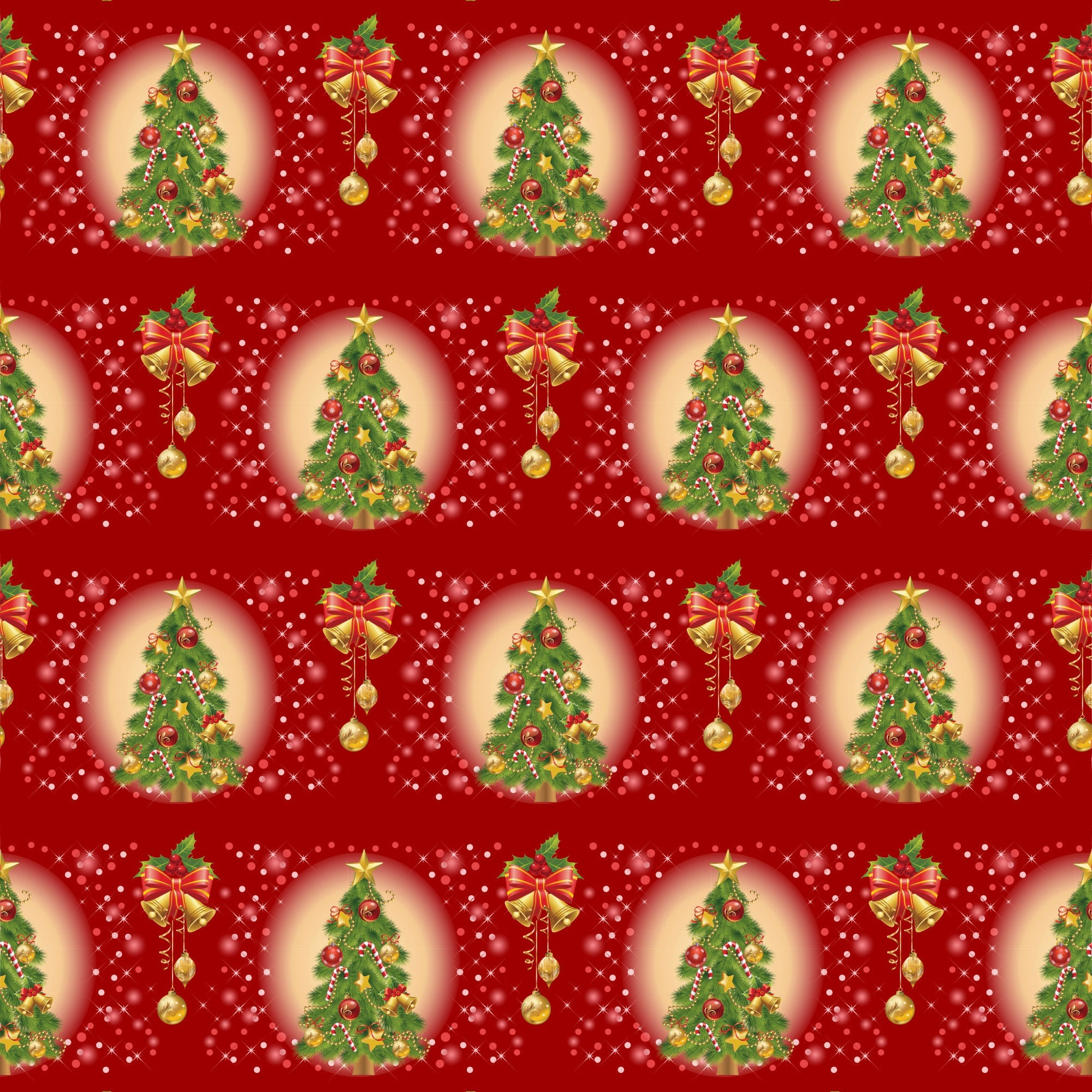 red background, christmas trees, golden bells, ornament decorations, candy canes,, fabric panel, holiday pattern, festive design, green pine trees, gold accents, christmas ornaments, repeating motifs, seasonal fabric, bright red, forest green, metallic gold, holiday crafting, christmas quilting, winter theme