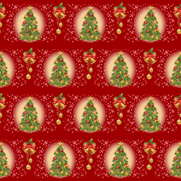 red background, christmas trees, golden bells, ornament decorations, candy canes,, fabric panel, holiday pattern, festive design, green pine trees, gold accents, christmas ornaments, repeating motifs, seasonal fabric, bright red, forest green, metallic gold, holiday crafting, christmas quilting, winter theme