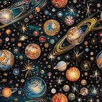 planets, stars, cosmic, space theme, celestial bodies, saturn rings, galaxy, deep blue, gold accents, teal, red, orange, metallic gold, sparkly stars, solar system, universe, astronomical, decorative circles, starbursts,, fabric panel, mystical, night sky, jewel tones