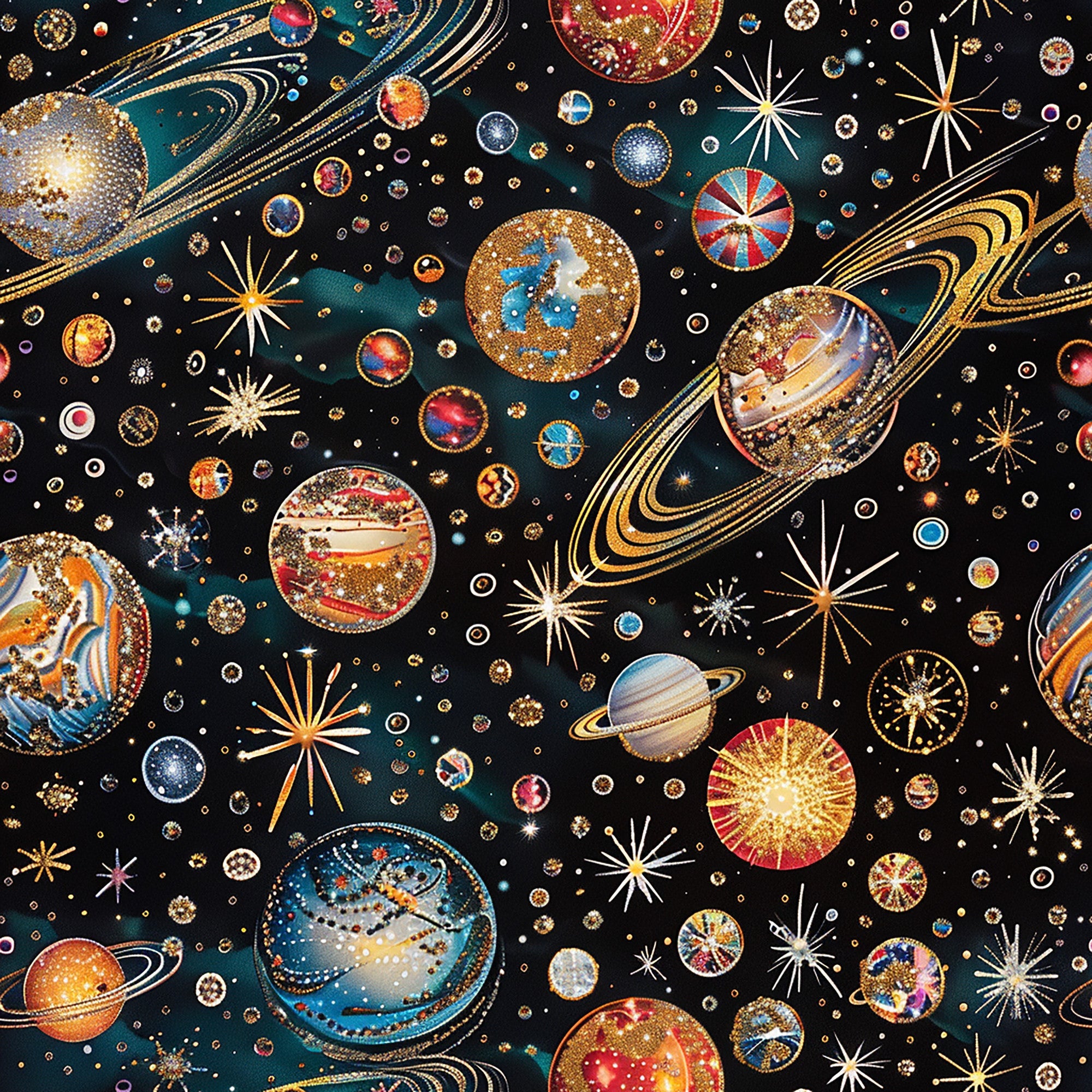 planets, stars, cosmic, space theme, celestial bodies, saturn rings, galaxy, deep blue, gold accents, teal, red, orange, metallic gold, sparkly stars, solar system, universe, astronomical, decorative circles, starbursts,, fabric panel, mystical, night sky, jewel tones