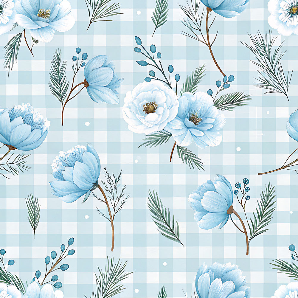light blue, white, dusty blue, sky blue, soft blue, sage green, dark green, gingham check, floral, botanical, flowers, cosmos, peonies, berries, fern leaves, delicate, elegant, vintage, spring, garden, nature, pastoral, feminine, soft, gentle, baby girl, nursery, baby shower, keepsake, heirloom