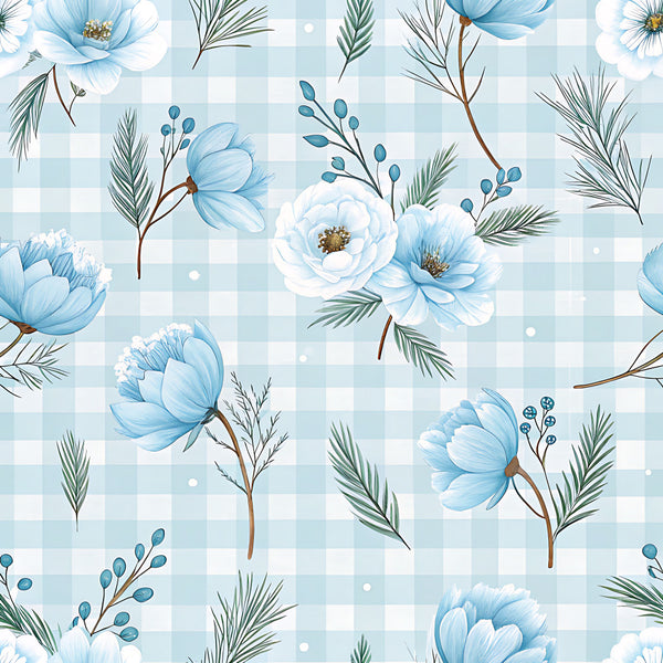 light blue, white, dusty blue, sky blue, soft blue, sage green, dark green, gingham check, floral, botanical, flowers, cosmos, peonies, berries, fern leaves, delicate, elegant, vintage, spring, garden, nature, pastoral, feminine, soft, gentle, baby girl, nursery, baby shower, keepsake, heirloom