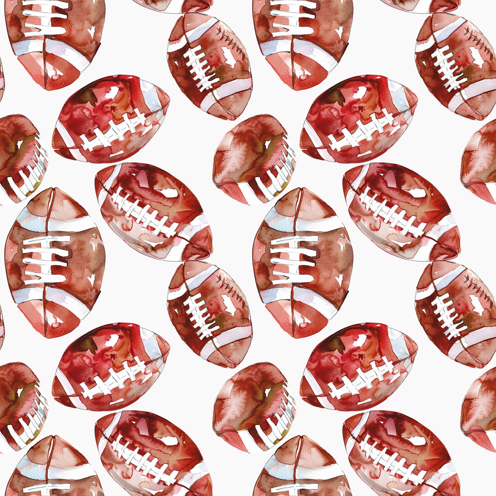 watercolor, football pattern, brown footballs, burgundy, rust red, white laces, sports theme, athletic design, repeating pattern,, fabric panel, seamless design, autumn colors, earthy tones, game day, american football, scattered footballs, watercolor technique, cotton fabric, craft material