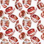 watercolor, football pattern, brown footballs, burgundy, rust red, white laces, sports theme, athletic design, repeating pattern,, fabric panel, seamless design, autumn colors, earthy tones, game day, american football, scattered footballs, watercolor technique, cotton fabric, craft material