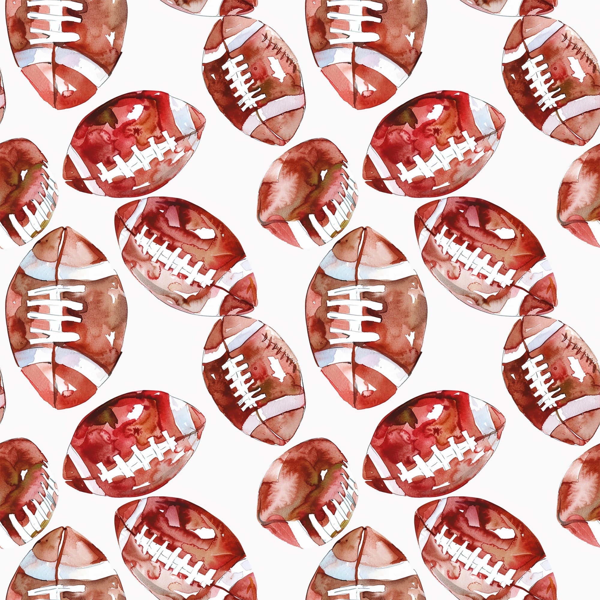 watercolor, football pattern, brown footballs, burgundy, rust red, white laces, sports theme, athletic design, repeating pattern,, fabric panel, seamless design, autumn colors, earthy tones, game day, american football, scattered footballs, watercolor technique, cotton fabric, craft material