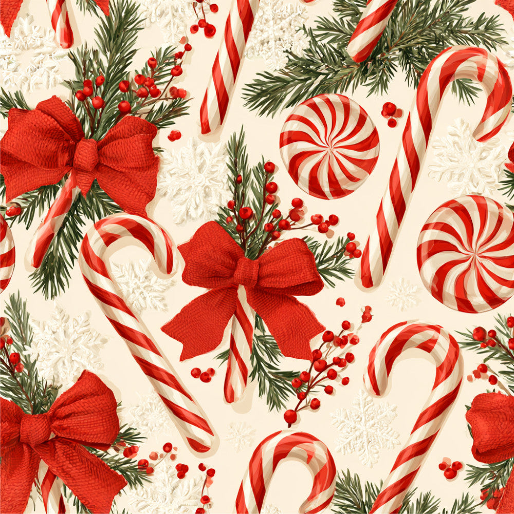 candy cane, peppermint, red and white striped, evergreen, holly berries, red bow, festive, christmas, holiday, traditional, whimsical, candy swirl, lollipop, winter, seasonal, cream background, forest green, bright red, candy theme, gift giving, vintage christmas, classic holiday, decorative motifs, cheerful, nostalgic, retro candy, peppermint candy, festive decor, holiday cheer, winter wonderland
