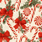 candy cane, peppermint, red and white striped, evergreen, holly berries, red bow, festive, christmas, holiday, traditional, whimsical, candy swirl, lollipop, winter, seasonal, cream background, forest green, bright red, candy theme, gift giving, vintage christmas, classic holiday, decorative motifs, cheerful, nostalgic, retro candy, peppermint candy, festive decor, holiday cheer, winter wonderland