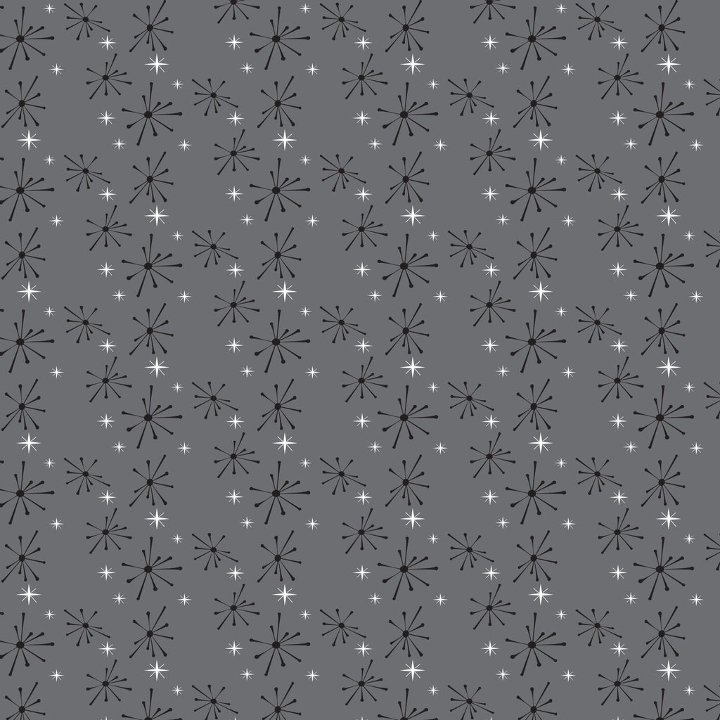 gray, charcoal, white, starburst pattern, atomic design, mid-century modern, retro stars, geometric shapes, radiating lines, vintage style, 1950s aesthetic,, fabric panel, repetitive pattern, scattered stars, space age motif, modernist design, minimalist colors, textile design, crafting material