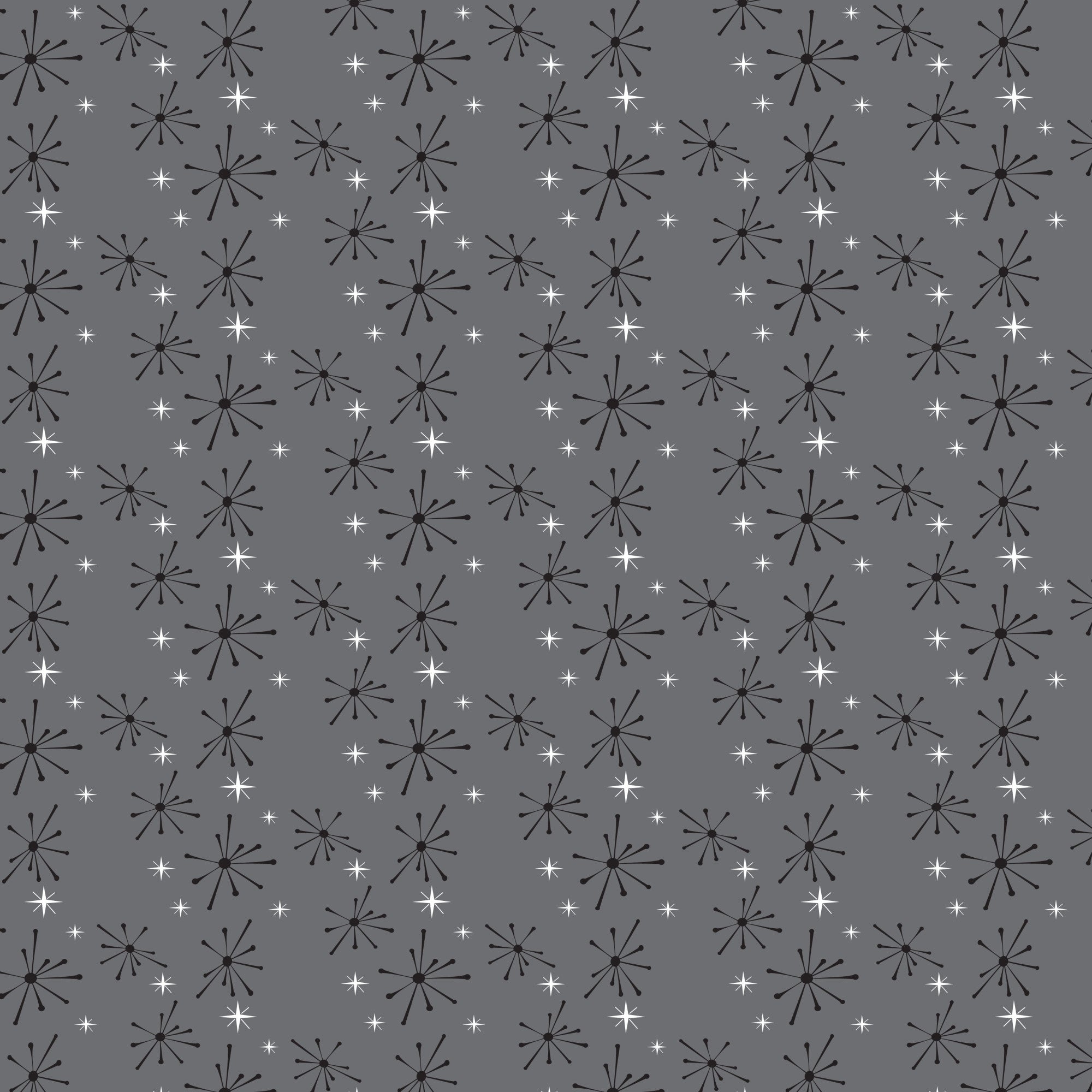 gray, charcoal, white, starburst pattern, atomic design, mid-century modern, retro stars, geometric shapes, radiating lines, vintage style, 1950s aesthetic,, fabric panel, repetitive pattern, scattered stars, space age motif, modernist design, minimalist colors, textile design, crafting material