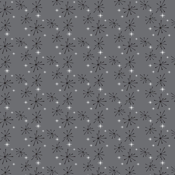 gray, charcoal, white, starburst pattern, atomic design, mid-century modern, retro stars, geometric shapes, radiating lines, vintage style, 1950s aesthetic,, fabric panel, repetitive pattern, scattered stars, space age motif, modernist design, minimalist colors, textile design, crafting material