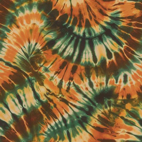 tie dye, retro pattern, swirl design, orange, green, teal, burnt orange, psychedelic, groovy, abstract swirls, flowing lines, 1960s style, hippie aesthetic, spiral motifs, vibrant colors,, fabric panel, bohemian, colorful blend, organic shapes