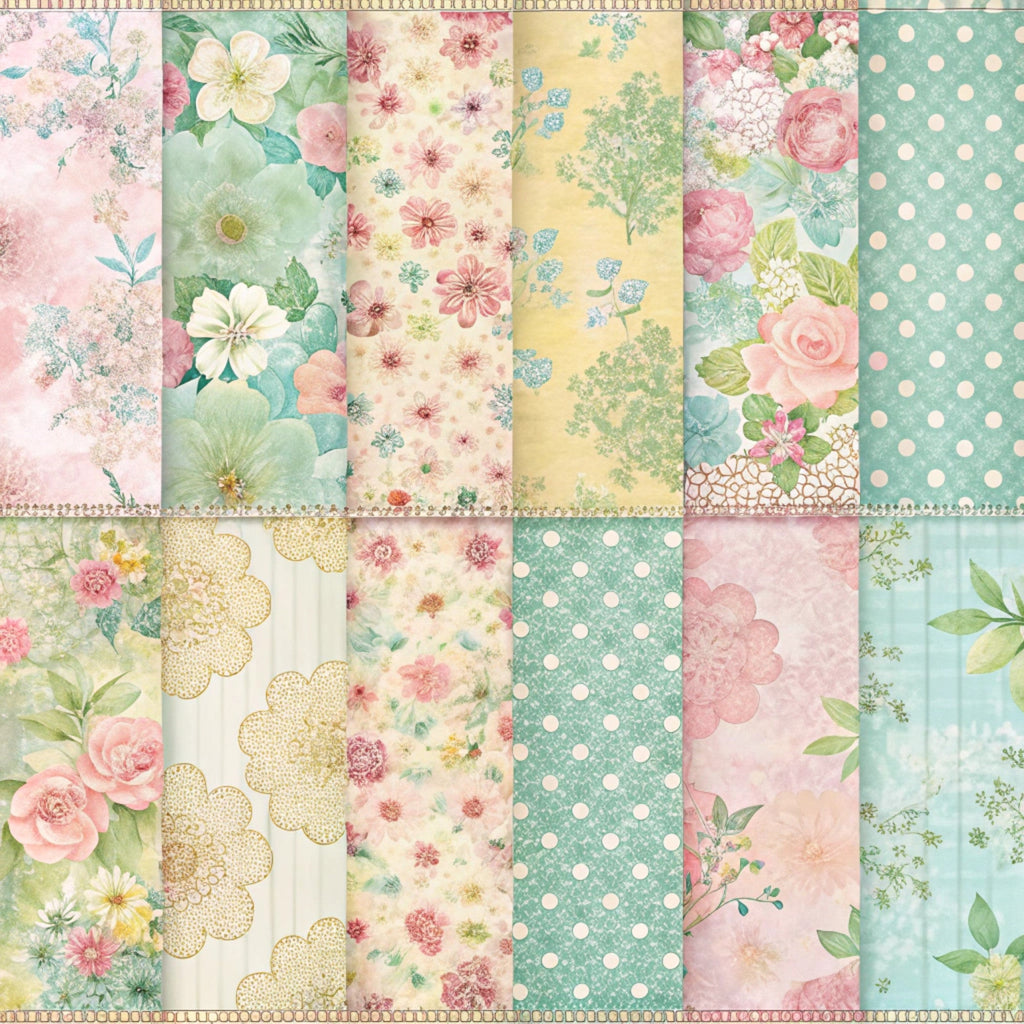 spring florals, patchwork strips,, fabric panel, pastel pink, mint green, soft yellow, cream white, rose patterns, floral motifs, polka dots, vintage flowers, cottage core, feminine design, botanical prints, delicate blooms, shabby chic, romantic style, coordinated fabrics, strip piecing
