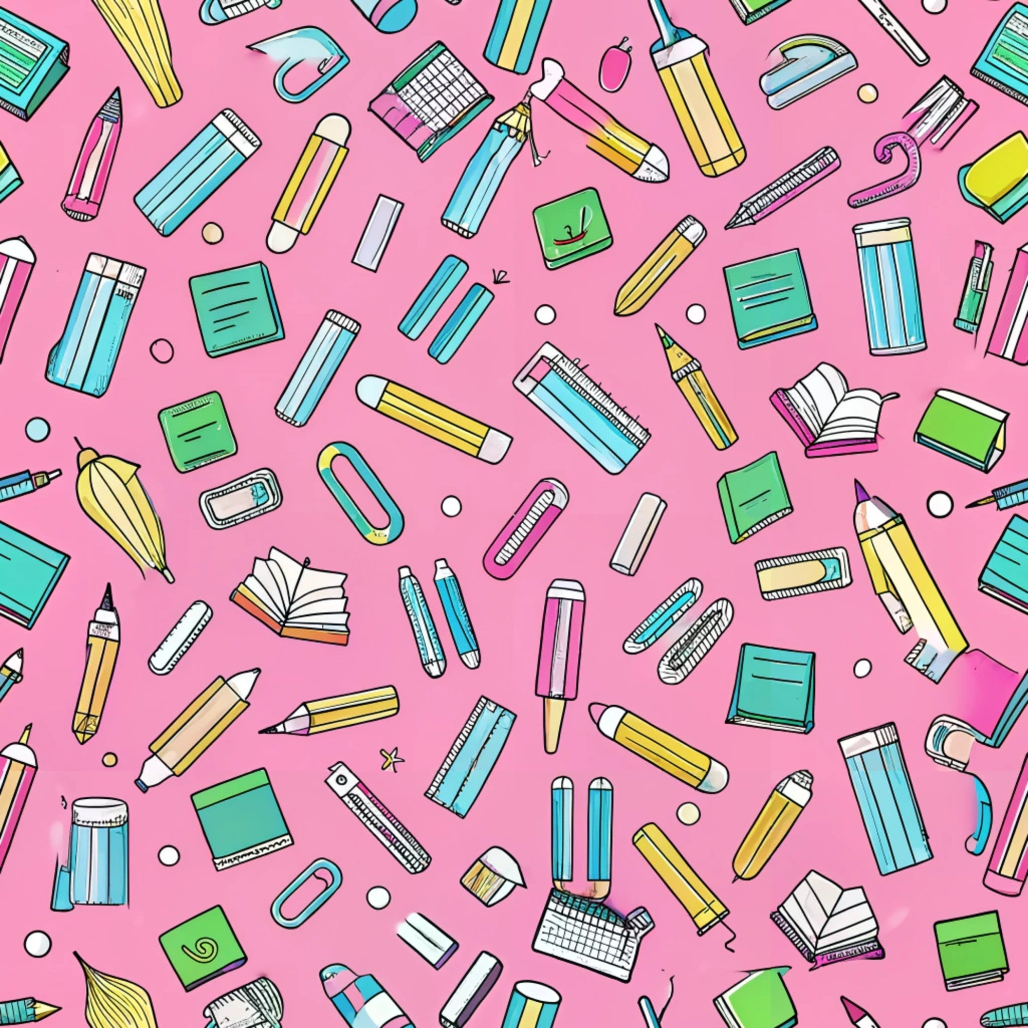 pink background, school supplies, pencils, books, rulers, erasers, paper clips, staplers, scattered pattern, bright colors, yellow accents, blue details, green elements, white highlights, educational theme, back to school,, fabric panel, stationery items, random placement, cheerful design, craft supplies