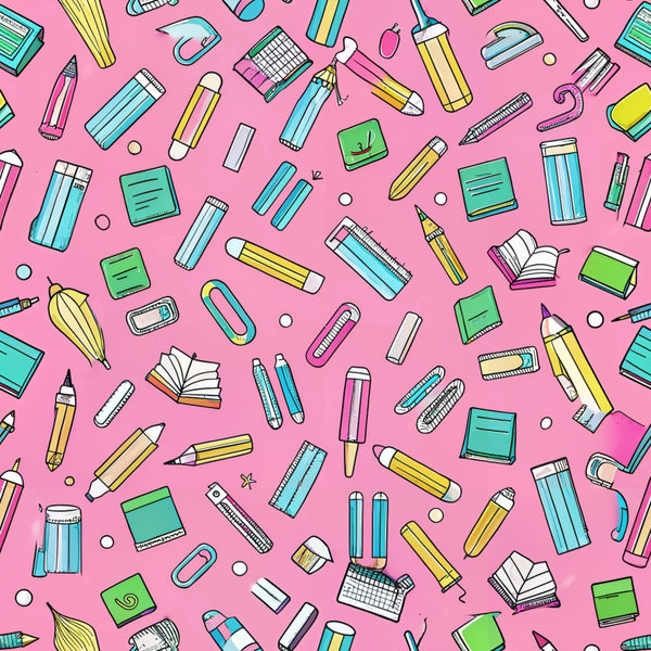 pink background, school supplies, pencils, books, rulers, erasers, paper clips, staplers, scattered pattern, bright colors, yellow accents, blue details, green elements, white highlights, educational theme, back to school,, fabric panel, stationery items, random placement, cheerful design, craft supplies