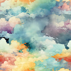 watercolor clouds, pastel colors, turquoise, coral, lavender, peach, mint green, sky pattern, dreamy atmosphere, soft textures,, fabric panel, whimsical design, flowing movement, artistic style, celestial theme, cotton fabric, craft material, sewing supplies, abstract clouds