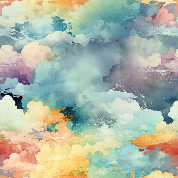 watercolor clouds, pastel colors, turquoise, coral, lavender, peach, mint green, sky pattern, dreamy atmosphere, soft textures,, fabric panel, whimsical design, flowing movement, artistic style, celestial theme, cotton fabric, craft material, sewing supplies, abstract clouds