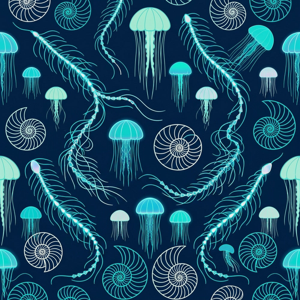 navy blue, turquoise, cyan, aqua, white, bioluminescent, ocean, nautical, jellyfish, ammonite, shell, sea creatures, marine life, underwater, deep sea, whimsical, modern, elegant, coastal, nature-inspired, ocean life, phosphorescent, glowing, aquatic, tropical, kid-friendly, nursery, playroom, kids room, beach theme