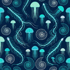 navy blue, turquoise, cyan, aqua, white, bioluminescent, ocean, nautical, jellyfish, ammonite, shell, sea creatures, marine life, underwater, deep sea, whimsical, modern, elegant, coastal, nature-inspired, ocean life, phosphorescent, glowing, aquatic, tropical, kid-friendly, nursery, playroom, kids room, beach theme