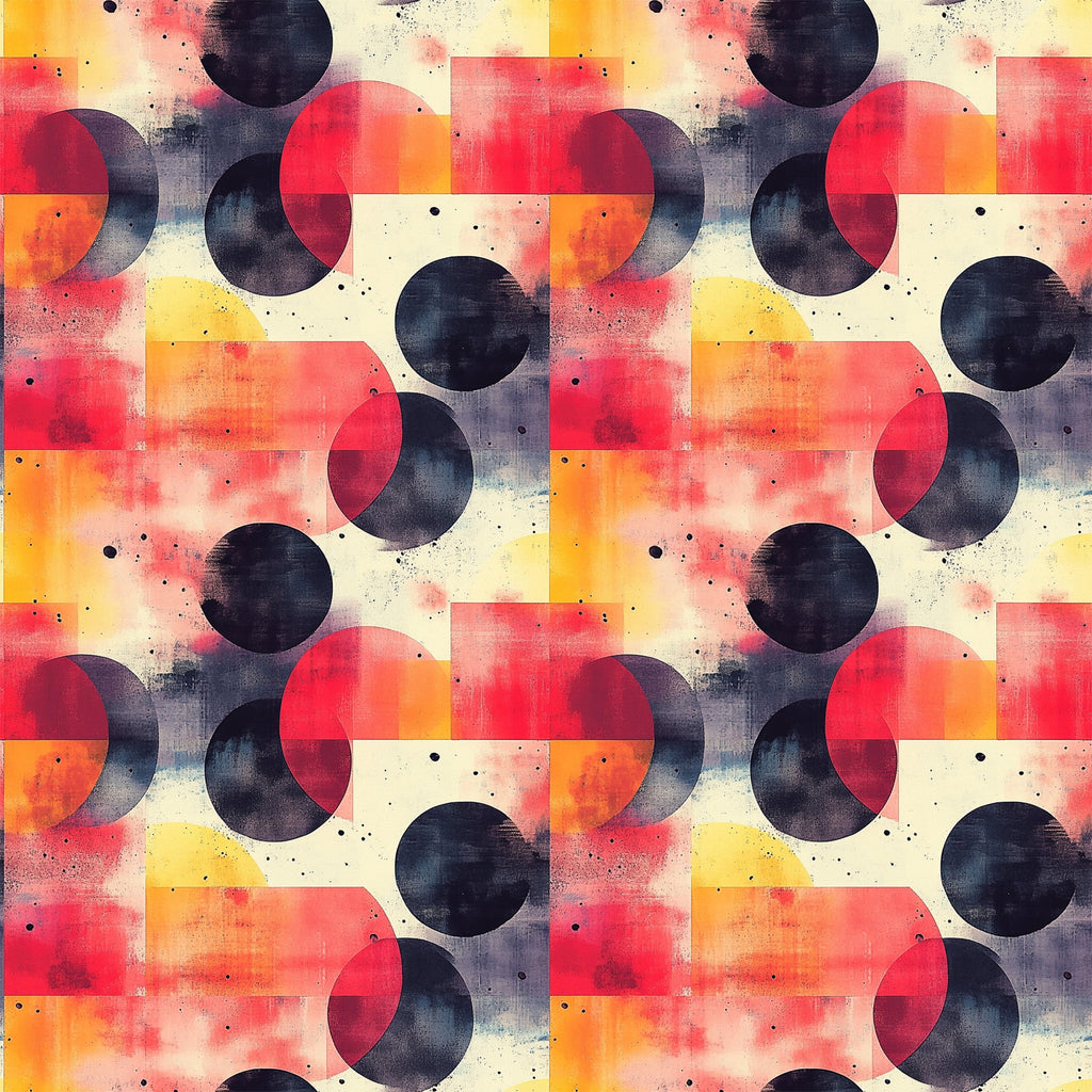 coral, orange, navy blue, cream, geometric circles, overlapping shapes, mid century modern, retro design, abstract pattern, watercolor texture, vintage style,, fabric panel, contemporary geometric, circular motifs, warm tones, modern abstract, artistic design, repetitive pattern