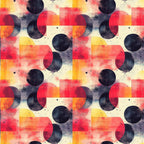 coral, orange, navy blue, cream, geometric circles, overlapping shapes, mid century modern, retro design, abstract pattern, watercolor texture, vintage style,, fabric panel, contemporary geometric, circular motifs, warm tones, modern abstract, artistic design, repetitive pattern